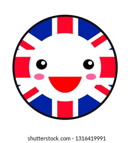 Kawaii Great Britain flag smile. Flat style. Cute cartoon isolated fun design emoticon face. Vector art anime illustration for celebration holiday decoration element. Business card with template icon.