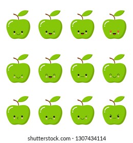 Kawaii green apple. Cute emoticon face on a white background. Emoticon icon.