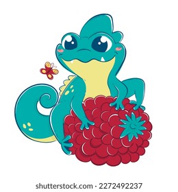 Kawaii green cartoon lizard sits on a big raspberry.