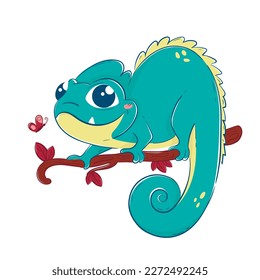 Kawaii green cartoon lizard sitting on a branch.