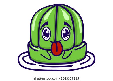 Geleia Verde Kawaii Em Uma Coleção De Adesivo De Mascote De Placa Com Língua Adesiva Expressão De Zombar