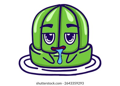 Geleia Verde Kawaii Em Uma Coleção De Adesivo De Mascote De Placa Com Expressão De Drooling