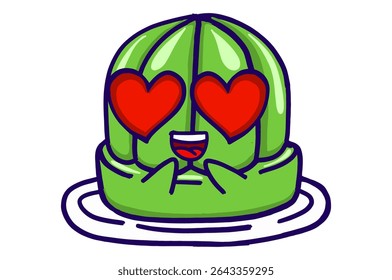 Kawaii Geleia Verde Em Uma Coleção De Adesivo De Mascote De Placa Com outono No Amor Com Olhos De Amor Expressão