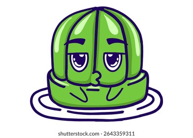 Geleia Verde De Kawaii Em Uma Coleção De Adesivo De Mascote De Placa Com Expressão Franzida