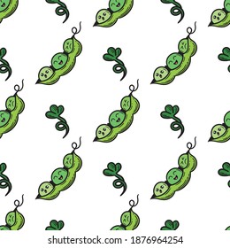 Kawaii Green peas patrón sin fisuras con fondo blanco