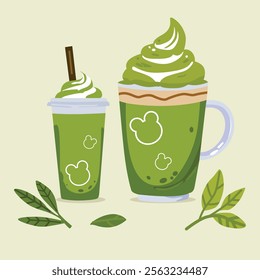 kawaii green tea matcha latte cartoon illustration with fun bear face pattern for cute sticker or drink menu design