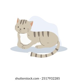 Kawaii Grey American Shorthair Cat Cartoon Illustration Sitting and Laying Down. Relaxed Posture