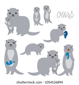 Kawaii grey otters family with children with fish on white background. Applicable for Banners, Placards, Posters, Flyers. Vector