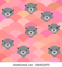 Kawaii grey otters head. Funny Seamless pattern, pink waves background.  Can be used for fabrics, wallpapers, websites. Vector