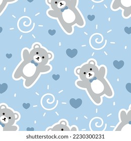 Kawaii grey teddy bear with hearts and abstract sun neutral for boy and girl seamless pattern background, kids cute woodland animals fabric and textile print design.