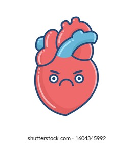 kawaii grumpy human heart illustration isolated on white