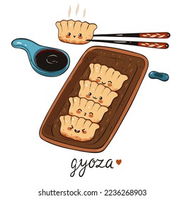 Kawaii gyoza in wooden plate isolated on white background. Vector graphics.