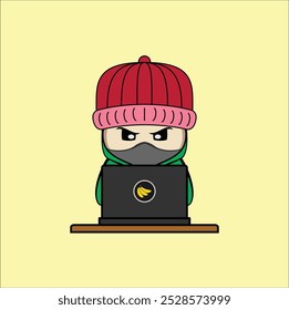 Hacker Kawaii usando uma máscara com um laptop. Design de ilustração vetorial. Eps 10