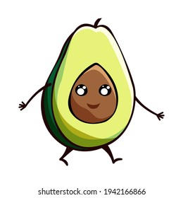 Kawaii half of avocado with bone in doodle style. Kawaii avocado icon vector illustration