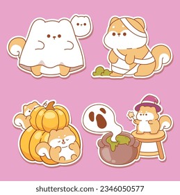 Kawaii halloween animal cute stickers elements collection