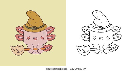 Kawaii Halloween Axolotl Clipart Multicolored and Black and White. Cute Kawaii Halloween Salamander. Cute Vector Illustration of Halloween Kawaii Amphibian Animal in Witch Costume. 