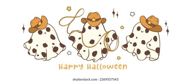 Kawaii Halloween banner with this cute kawaii cartoon doodle of a Halloween cowboy ghost. This clipart is perfect for all your Halloween designs, greeting card.