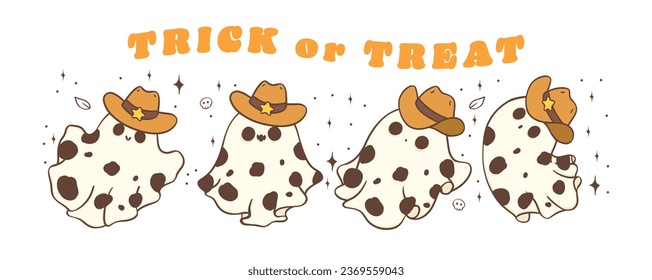 Kawaii Halloween banner with this cute kawaii cartoon doodle of a Halloween cowboy ghost. This clipart is perfect for all your Halloween designs, greeting card.