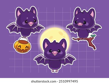 Adesivo de coleção de morcegos kawaii halloween