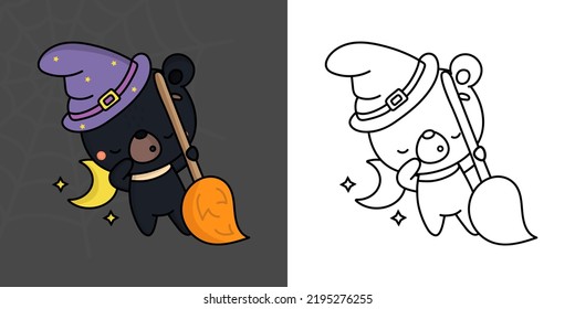 Kawaii Halloween Bear Clipart Multicolored and Black and White. Cute Kawaii Halloween Himalayan Bear. Cute Vector Illustration of Halloween Kawaii Animals in Witch Costume.
