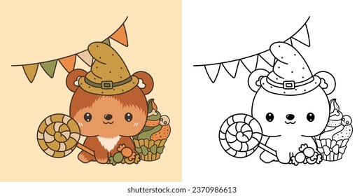 Kawaii Halloween Bear Clipart Multicolored and Black and White. Cute Kawaii Halloween Forest Animal. Cute Vector Illustration of Halloween Kawaii Animal in Witch Costume. 