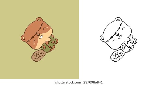 Kawaii Halloween Beaver Multicolored and Black and White. Beautiful Clip Art Halloween Forest Animal. Cute Vector Illustration of a Kawaii Halloween Animal in a Zombie Costume. 
