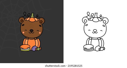 Kawaii Halloween Brown Bear Clipart Multicolored and Black and White. Cute Kawaii Halloween Bear. Cute Vector Illustration of a Kawaii Halloween Animals Inside a Pumpkin.
