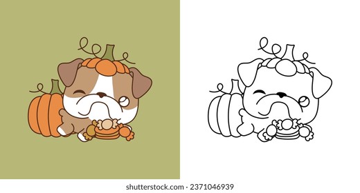 Kawaii Halloween Bulldog Dog Multicolored and Black and White. Beautiful Clip Art Halloween Puppy. Cute Vector Illustration of a Kawaii Animal for Halloween Stickers. 