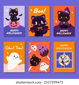 Kawaii Halloween Karten. Entzückende schwarze Katzen, Geister und Lollis. Nette Halloween Grußkarten. Halloween-Kartensammlung. Spooky Black Cats und Ghost Fun. 