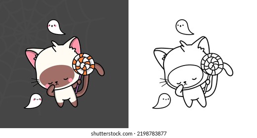 Kawaii Halloween Cat Clipart Multicolored and Black and White. Kawaii Halloween Siamese Cat. Cute Vector Illustration of a Kawaii Halloween Animal and Ghost.
