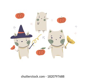 Kawaii Halloween cat poster with leaves and pumpkins