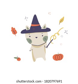 Kawaii Halloween cat poster with leaves and pumpkins