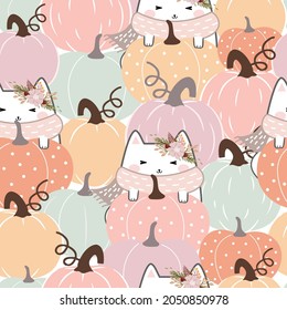 Kawaii Halloween Cat Seamless Pattern, Design pattern for print, textile, fabric, wrapping paper, wallpaper, scrapbooking

