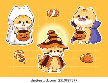 Kawaii halloween gato vampiro fantasma y bruja linda pegatina