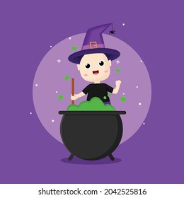 kawaii halloween character in cauldron illustration 
