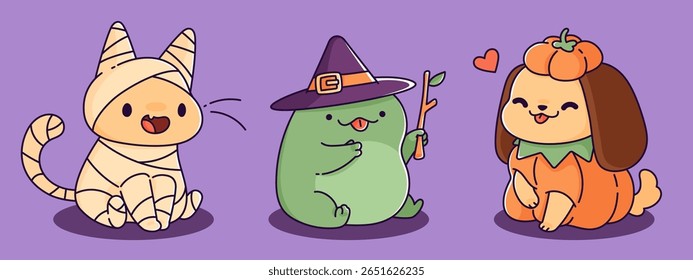 Kawaii Halloween conjunto de personagens - mummy cat com ataduras, sapo verde vestindo chapéu de bruxa, cachorrinho bonito em traje de abóbora. Adoráveis amigos assustadores para as decorações da festa de outubro ou cartões de felicitações.