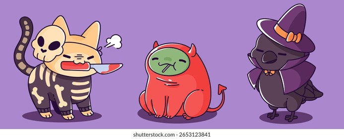 Kawaii Halloween character set - skeleton cat with bones costume and knife, green frog in red devil suit, mysterious crow wizard with pointed hat and cape. spooky mascots for October celebration.