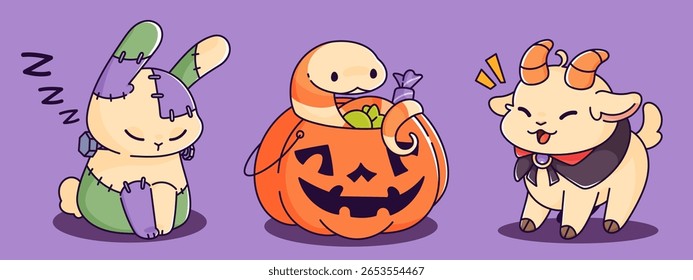 Kawaii Halloween character - sleepy Frankenstein bunny with stitches, smiling snake inside jack o lantern full of candy, happy goat wearing dark cape. Cute spooky animals for children party design.