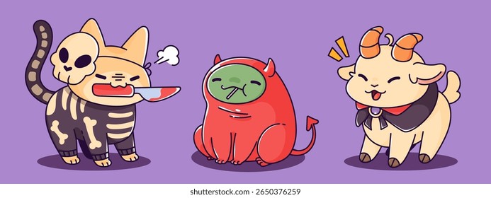 Kawaii Halloween characters set - skeleton cat holding bloody knife, frog in red devil costume, cute goat wearing black cape. Spooky adorable animals for October party decoration and greeting card.