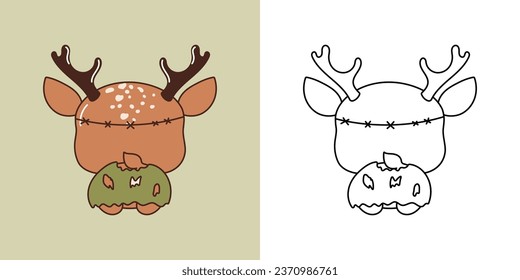 Kawaii Halloween Deer Multicolored and Black and White. Beautiful Clip Art Halloween Animal. Cute Vector Illustration of a Kawaii Halloween Forest Animal in a Zombie Costume. 