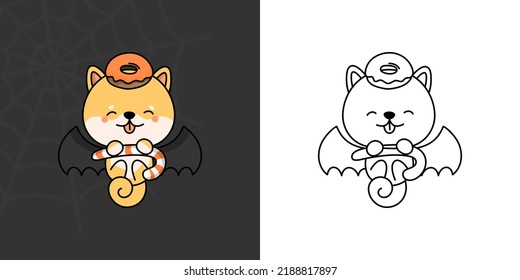 Kawaii Halloween Dog Clipart Multicolored And Black And White. Cute Kawaii Halloween Shiba Inu. Vector Illustration Of A Kawaii Dog For Halloween Stickers.
