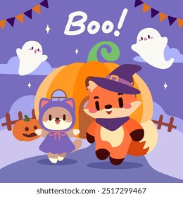 Kawaii Halloween Fox and Cat Characters with Ghosts and Pumpkins. Cute Halloween Illustration with Fox, Cat, and Spooky Ghosts. Adorable Halloween Scene. 