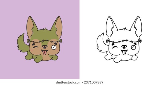 Kawaii Halloween German Shepherd Dog Clipart Multicolored and Black and White. Cute Kawaii Halloween Puppy. Cute Vector Illustration of a Kawaii Halloween Animal in a Zombie Costume. 