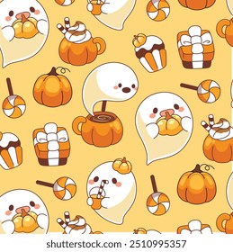 Kawaii Halloween ghost with candies kids seamless pattern