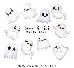 Kawaii Halloween ghost cartoon collection featuring cute watercolor characters. Perfect for adding a touch of whimsy to your seasonal projects,