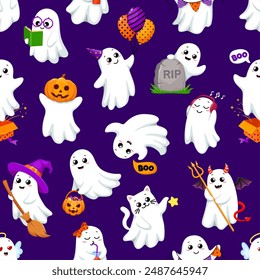 Kawaii Halloween ghost characters seamless pattern. Vector holiday tile background with funny baby spooks wear witch hat, holding balloons, saying boo, clutch pumpkin bucket with sweets and broom