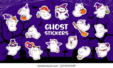 Kawaii Halloween personagens fantasmas adesivos pacote. Espantalhos bonitos e brincalhões comemoram o feriado. Patches de vetor de desenhos animados com fantasmas assustadores, mas encantadores, usam trajes festivos no fundo do cemitério à noite