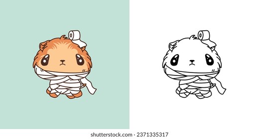 Kawaii Halloween Guinea Pig Multicolored and Black and White. Beautiful Clip Art Halloween Rodent. Cute Vector Illustration of a Kawaii Halloween Animal in Mummy Costume. 