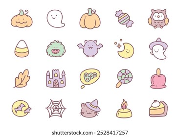 Kawaii halloween icon set. Collection of cute hand drawn stickers (bat, moon, black cat, ghost, sweets etc.) isolated on a white background. Vector 10 EPS.
