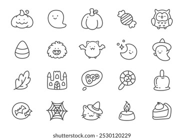 Kawaii halloween ícone definido. Coleção de ilustrações monocromáticas desenhadas à mão bonito (coruja, chapéu de bruxa, maçã caramelo, doces, monstros etc.) isoladas em um fundo branco. Vetor 10 EPS.